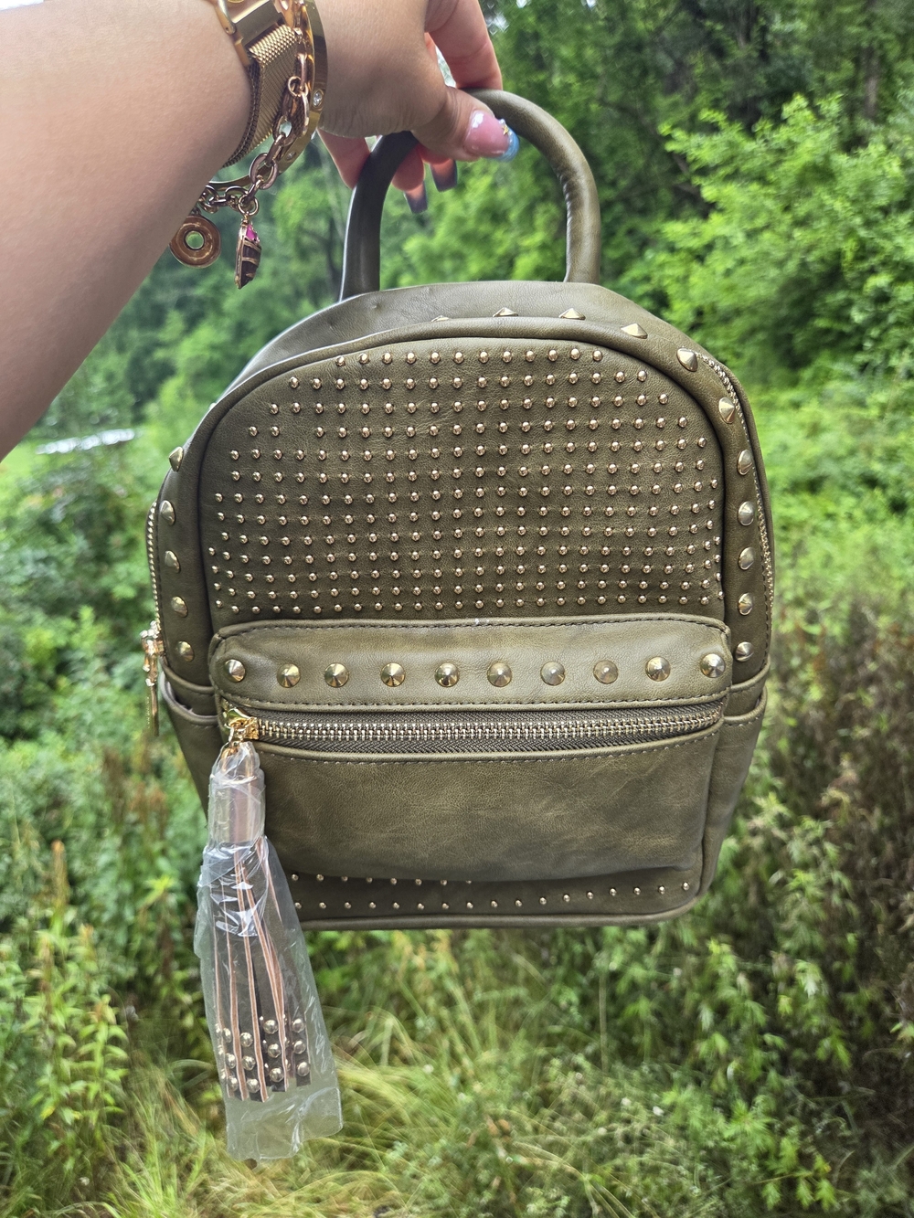 Studded Olive Mini Backpack Handbag With Tassel